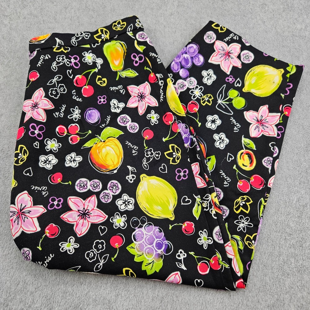 BRIGGS Capri Pants Women 12P Black Fruit Print Cotton Stretch 90s Vintage